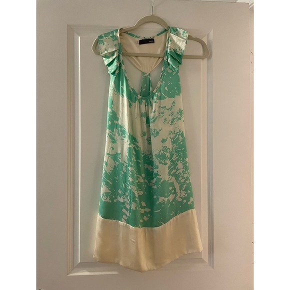 100% Silk MYNE Ruffle Y2K Green, White, Cream Mini Dress with pockets Size 2 - Picture 1 of 7